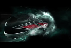 A black athletic shoe with white and red accents surrounded by swirling white smoke.