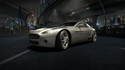 A silver luxury sports car parked on a dark city street under a bridge at night.