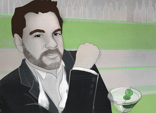 Illustration of a bearded man in a dark suit and white shirt holding a martini glass with olives.
