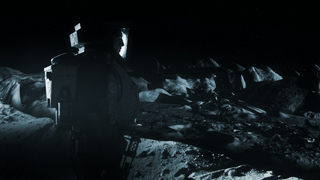 A dark, rocky lunar landscape with a large, shadowed structure in the foreground under a black sky.
