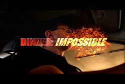 A man's face behind the text 'DINNERIMPOSSIBLE' with orange fire overlays.