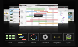 Screenshots of software scheduling interfaces above icons for Track, Schedule, Iterate, Customize, Integrate, and Apps.