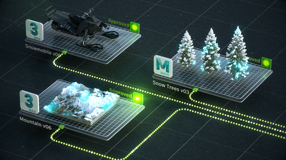 Digital 3D models of a snowmobile, snow trees, and a mountain on glowing platforms.