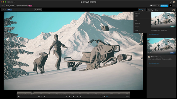 3D animation software showing a person and a dog in a snowy mountain landscape next to a snowmobile.