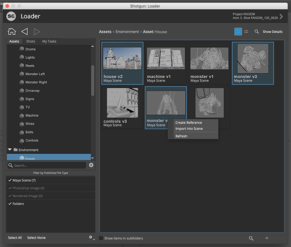 Screenshot of 3D asset management software showing a list of assets like house and monsters, with a context menu for creating