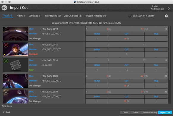 Software interface displaying a list of shots, versions, and cut changes in a comparison table.