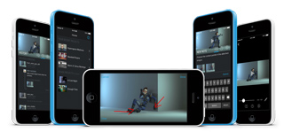 Five smartphones of different sizes and colors showing various app screens and video content.