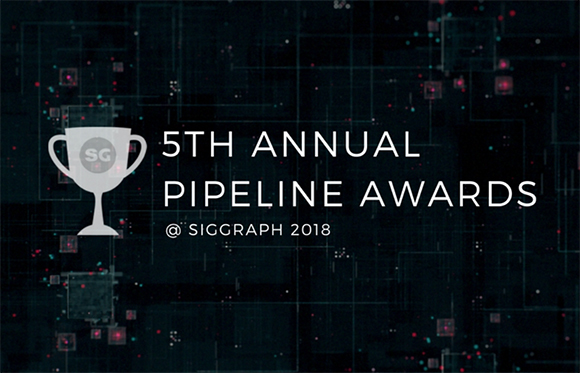 Graphic for the 5th Annual Pipeline Awards at SIGGRAPH 2018 featuring a trophy icon on a dark digital background.