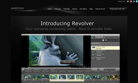 Shotgun website landing page for Revolver, showing a video player with an animated character.