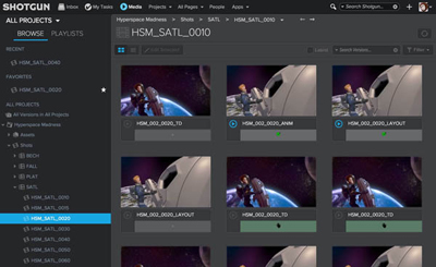 Shotgun software interface showing a grid of video thumbnails for the Hyperspace Madness project.