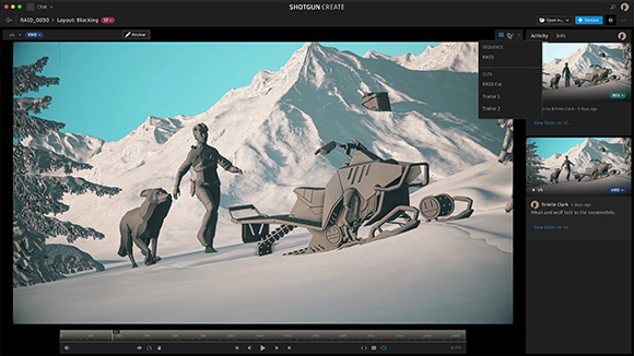 A 3D animation software interface displaying a person and a dog in a snowy mountain landscape.