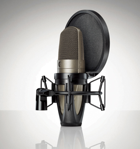 A gold-toned condenser microphone in a black shock mount with a circular pop filter behind it.
