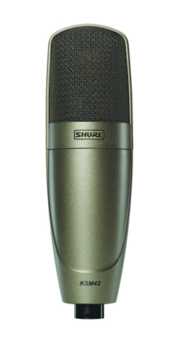 A gold-colored Shure KSM42 condenser microphone against a white background.