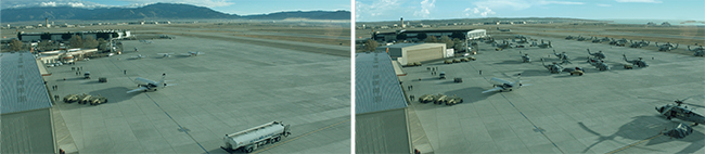 Aerial views of an airfield featuring various aircraft, hangars, and a large runway under a clear sky.