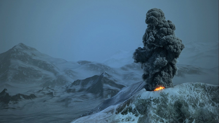 A massive column of dark grey smoke erupts from a snowy mountain ridge under a dim sky.