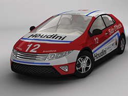 A red and silver compact car with the number 12 and Houdini logos on the hood and sides.