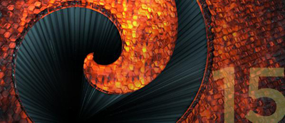 An orange textured spiral shape curves over a dark, ribbed background next to the number 15.