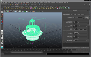 A glowing cyan 3D wireframe model of a tiered fountain inside the Autodesk Maya software interface.