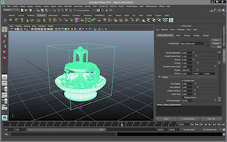 Autodesk Maya interface showing a glowing green 3D wireframe model of a fountain on a grid.