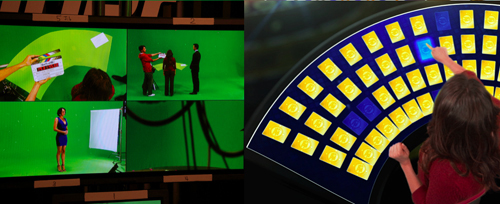 Split view: left shows green screen studio shots; right shows a person touching a glowing blue tile on a game board.