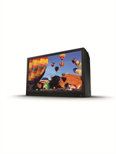 A black rectangular digital screen displaying colorful hot air balloons in a blue sky.
