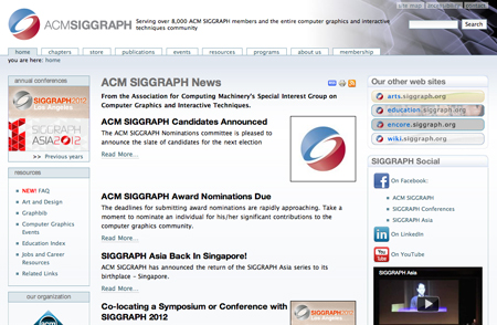 ACM SIGGRAPH News website featuring news headlines, links, and social media icons.