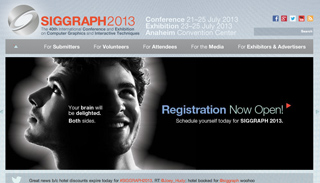 SIGGRAPH 2013 website banner featuring a black and white portrait of a smiling man.