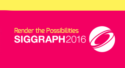 Pink background with yellow text 'Render the Possibilities' and white text 'SIGGRAPH 2016' next to a white circular logo.