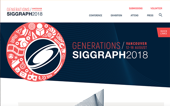 Banner for SIGGRAPH 2018 in Vancouver featuring a large circular graphic with various icons.