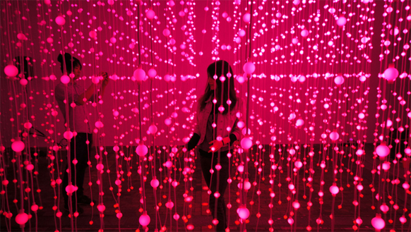 Two people walk through a dense forest of hanging pink glowing spheres on vertical strings.