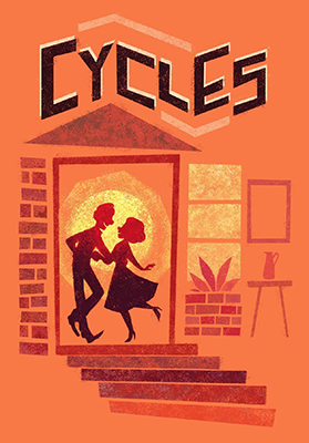 Stylized orange poster with the word CYCLES above silhouettes of a man and woman dancing in a doorway.