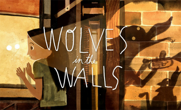 Illustration of a girl looking into a dark doorway where wolf shadows are cast onto a brick wall.