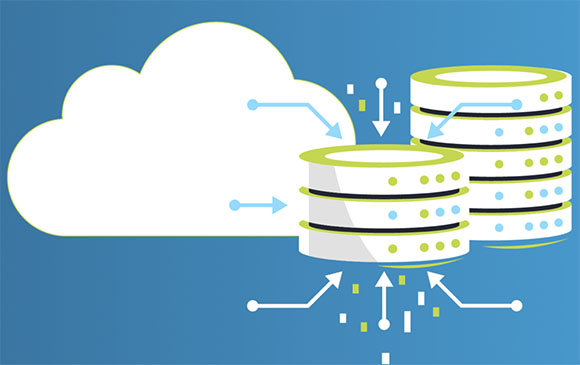 Graphic showing a white cloud with arrows pointing to and from stacks of data cylinders.