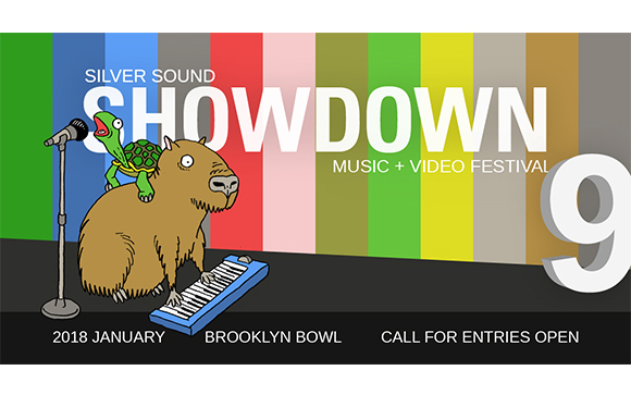 Cartoon capybara and turtle playing music against a colorful striped background for Silver Sound Showdown 9.