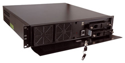 Black rack-mounted server with dual cooling fans and an open front tray with keys.