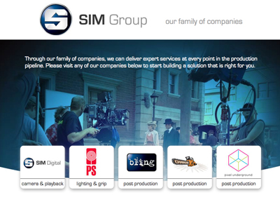 SIM Group banner with film crew on set and logos for various production companies.