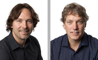 Two portraits of men with light skin, one with wavy brown hair and one with wavy graying hair, against white backgrounds.