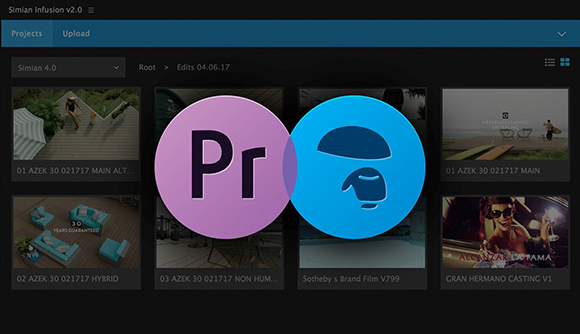 Software interface showing video project thumbnails with Premiere Pro and DaVinci Resolve logos in the center.