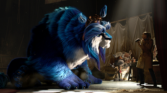 A massive blue furry creature sits on a stage facing a woman singing into a microphone under a spotlight.