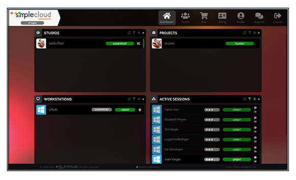 A dark-themed software dashboard with sections for Studios, Projects, Workstations, and Active Sessions.