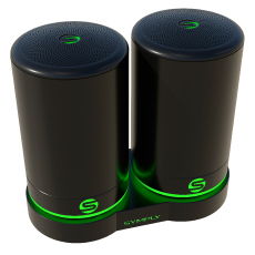 Two black cylindrical electronic devices with green glowing logos on a shared base.