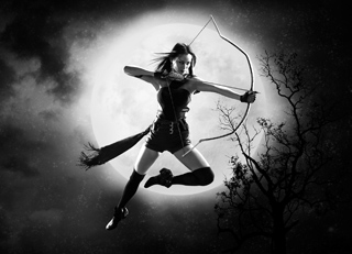 A woman in mid-air aiming a bow and arrow against a large, glowing full moon in a dark night sky.