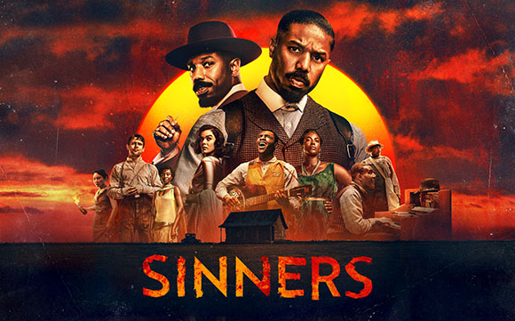Movie poster for Sinners showing a group of people in front of a large yellow sun and a red sunset sky.