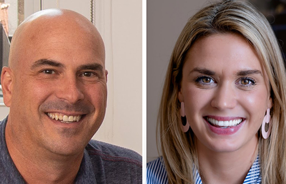 A smiling bald man on the left and a smiling blonde woman on the right.
