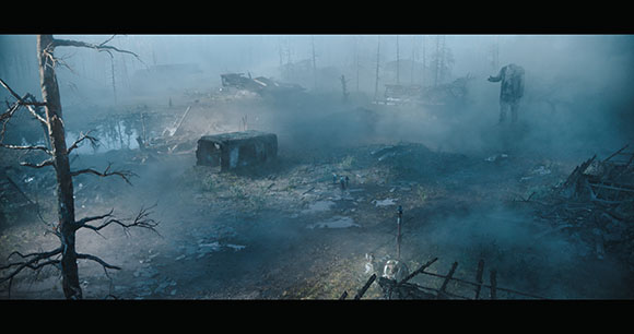 A foggy, dark wasteland with scattered wreckage, debris, and skeletal trees under a dim light.