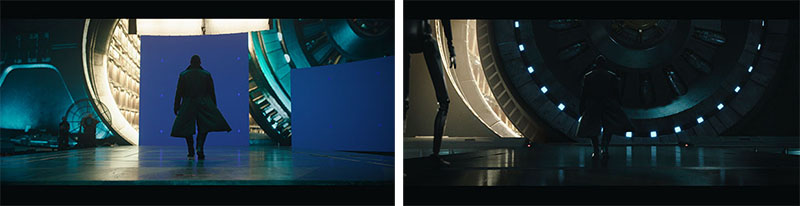 A split view showing a person in a long coat standing before a blue screen and then in a dark sci-fi environment.