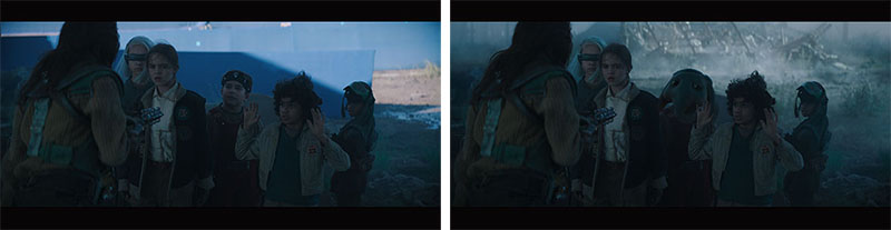 Two similar cinematic shots of a group of children in costumes standing in a dark, misty environment.