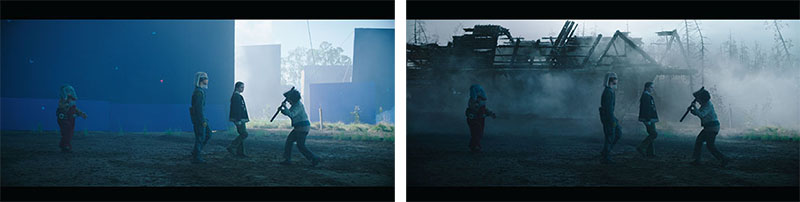 Split view showing a film set with blue screens on the left and a post-processed, smoky landscape on the right.