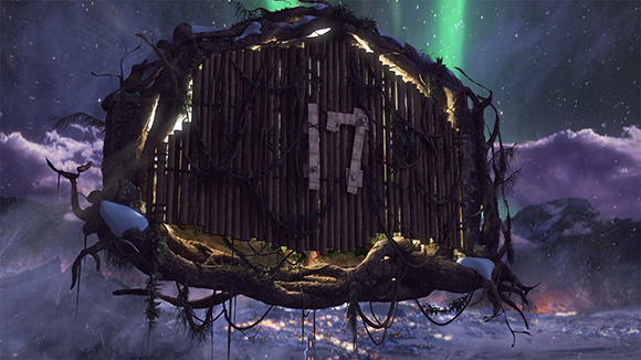 A wooden structure shaped like a house with the number 17, suspended amidst tree roots under a green aurora.