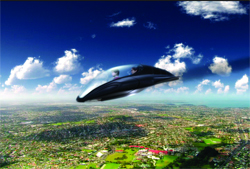 A sleek, dark-colored flying craft with a glass canopy glides over a vast green landscape and city.